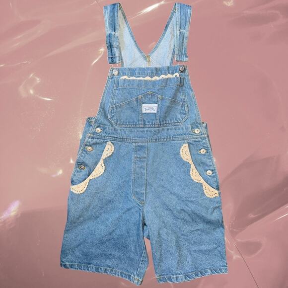 Other Pants - Vintage Y2K denim overall shorts with lace trim crochet romantic cottage core